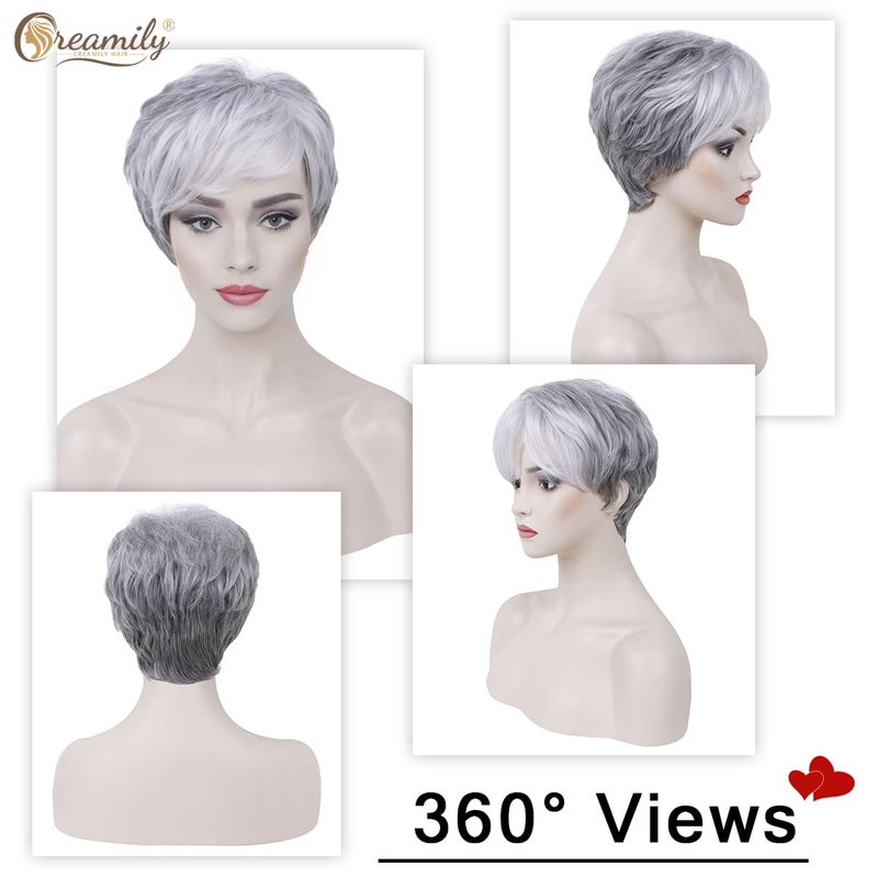 Creamily Short Grey Pixie Cut Wigs with White Bangs Gray Pixie Layered Synthetic Hair Replacement Wig for Women Daily Wear Cosplay Halloween Costume Wigs - Image 3